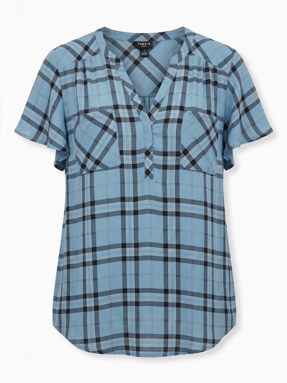 torrid Blue Plaid Ruffle Sleeve V-Neck Blouse - Picture 1 of 3